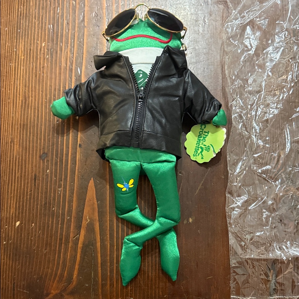 Green Plush Frog Doll with Black Jacket and Sunglasses Biker Frog